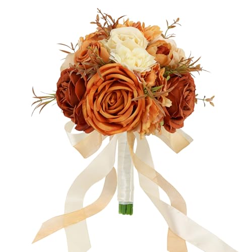 Wedding Bouquets for Bride Bridesmaid 8.5 Inch Burnt Orange Artificial Roses Fall Flowers Bridal Bouquets for Bride Autumn Wedding Marriage Proposal Party Thanksgiving Church Decoration - color: Orange