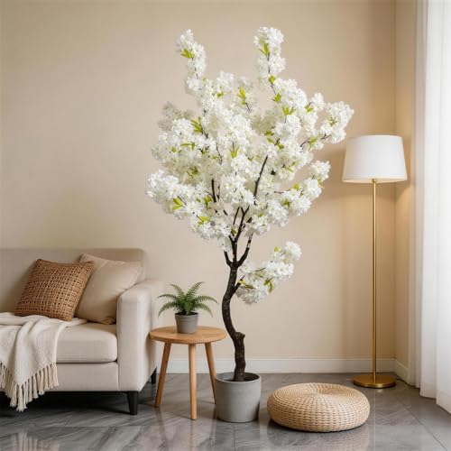 White Faux Cherry Blossoms Tree Artificial Cherry Blossom Tree Bedroom Trees for Home Christmas New Year Decor - color: White-ap25