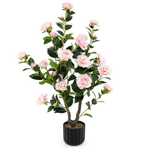 Goplus 38’’ Artificial Camellia Tree, Flower Plants Artificial Tree, Faux Floral Plant Blooming Tree in Cement Pot, Greenery Potted Plant for Indoor Outdoor Office Home Porch Decor - color: Pink, size: 38 inch