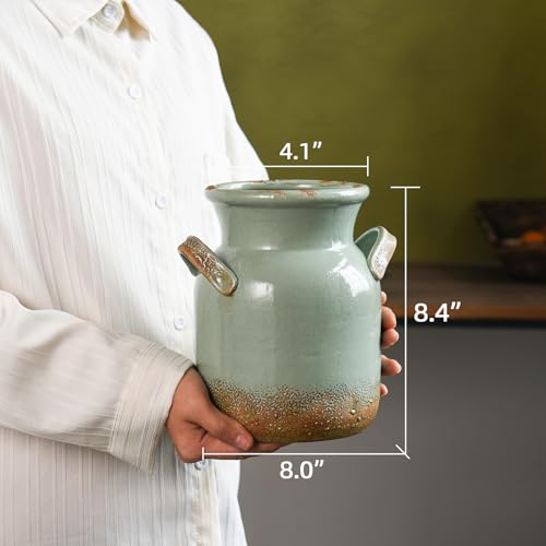 Quoowiit Ceramic Rustic Farmhouse Vase, Distressed Decorative Flower Vases for Home Decor, Ideal Shelf Decor, Green Boho Vase for Living Room Bedroom Kitchen Office Centerpiece Table Decorations - color: 8 Inch-green