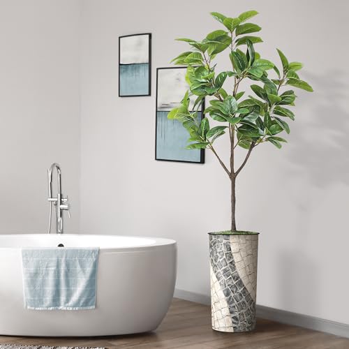 Artificial Tree in Geometric Pattern Planter, Fake Rubber Silk TRE for Indoor and Outdoor Home Decoration - 70" Overall Tall (Plant Pot Plus Tree) - style: Magnolia Tree