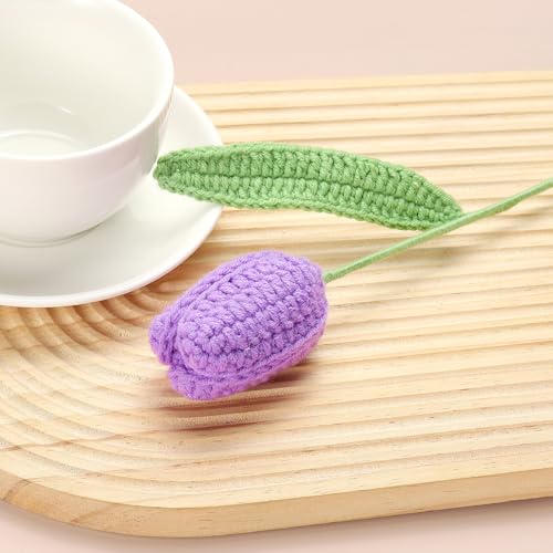 MECCANIXITY Tulip Crochet Flowers, Artificial Knitted Tulip Flower Completed Handmade Tulips Bouquet for Gift Home Birthday Wedding Decoration, Dark Purple Pack of 10 - color: Dark Purple