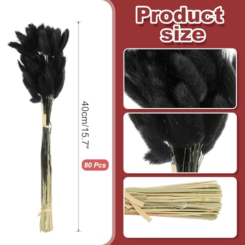 PATIKIL 15.7in Bunny Tails Dried Flowers, 80pcs Pampas Grass Decor Rabbit Tail Natural Pampas Grass Bulk Fluffy Faux Pampas Grass Dried for Home Boho Decor Vase Wedding Table, Black - color: Black