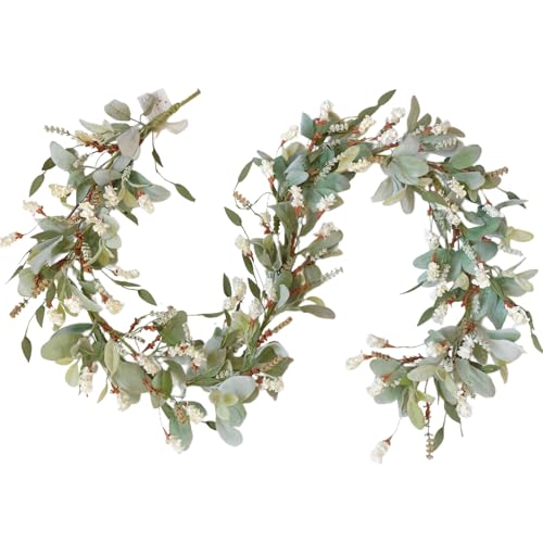70 Inch Lamb Ears Greenery Garland with Ivory Forsythia Flowers, Year Round Farmhouse Floral Garland for Mantel Stair Fireplace, All Seasons Indoor Outdoor Everyday Decor - color: Garland