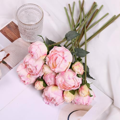 TOCHGREEN Artificial Peonies Silk Flowers 2 Bouquets 14 Heads Vintage Faux Peony with Stems for Home Wedding Table Decor Bridal Bouquet Floral Arrangement - color: Light Pink