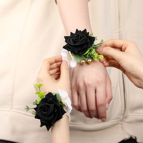 Sherr 20 Pcs Black Rose Wrist Corsage and Boutonnier Set Wedding Flower Corsage Wristlet Band Bracelet Bridegroom Men's Boutonniere Wristlet Hand Flower for Wedding Bouquets Supplies - color: Black