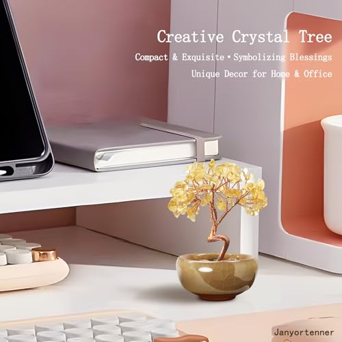 Mini Citrine Crystal Money Tree,Wealth Home Office Desk Decor,Handmade Copper Wire in Crackle Ceramic Base,Feng Shui Office Gift - color: 2-golden Hour