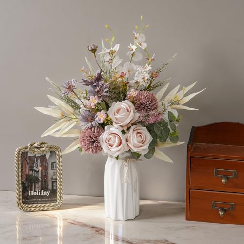 16-inch Artificial Fake Flowers Silk Table Arrangements Faux Plastic Floral Centerpieces for Home Kitchen with Roses, Dandelions, Chrysanthemum, Phalaenopsis, Eucalyptus, Sages, Orchids - color: Champagne