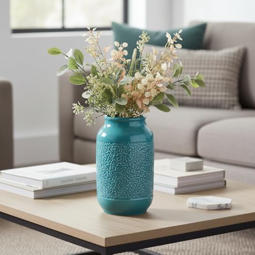 9 Inch Blue Ceramic Vase for Flowers - Textured Teal Cylinder Vase for Table Centerpieces, Modern Boho Vases Home Decor, Living Room, Kitchen Decor - color: Lake Blue