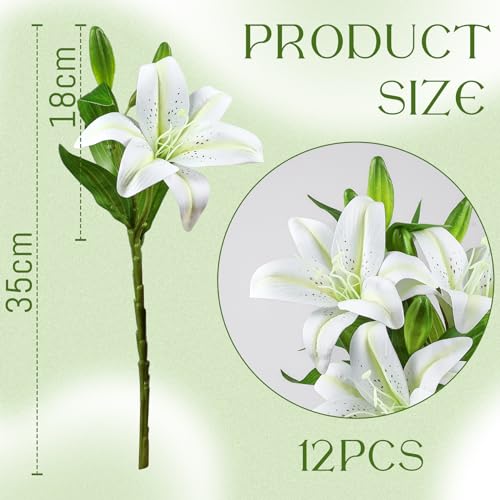 12 Pcs White Artificial Lily Flower, Realistic Long Stem Real Touch Stargazer Lily, Faux Lily Flower Fake Floral with Rods for Home Party Wedding Table Centerpiece Garden DIY Craft Decoration