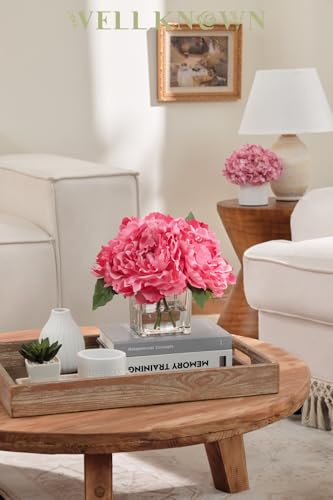 Artificial Peonies Flowers Arrangements in Cube Glass Vase, WELLKNOWN Silk Flower Centerpieces for Dining Room Table, Coffee Table Decor, Faux Peony Flowers with Faux Water (Fuchsia) - color: Fuchsia
