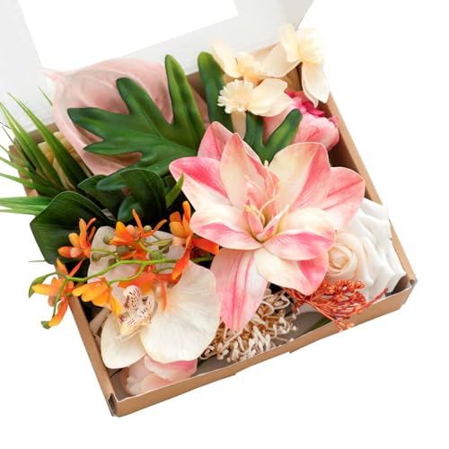 Ling's moment Fake Flowers Box, Faux Artificial Greenery Stems Foam Roses Anthurium Silk Lily Palm Fabic Flower for Centerpieces Bouquet Wedding Vase Floral Decorations, Sorbet Tropical, Mini Combo - color: Sorbet Tropical