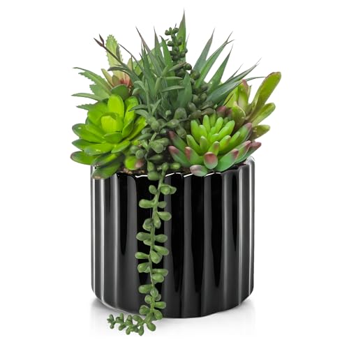 8 Inch Fake Plants Artificial Succulent Plants，Black Ceramic Flower Pot，Assorted Faux Mini Succulents in a Decorative Planter Pot. - color: Black