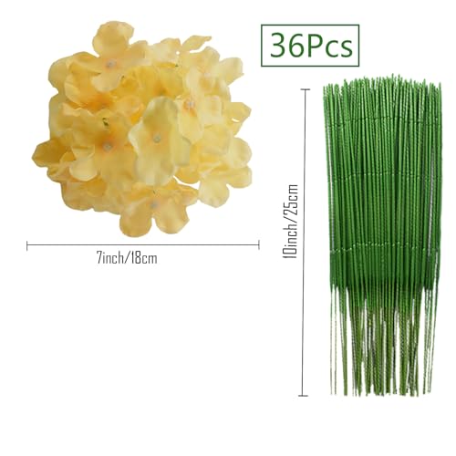 FagusHome Silk Hydrangea Heads 36 Pcs Artificial Flowers Heads and 3 Dozens Stems Fake Hydrangea Flowers with Stems for Home Wedding Decor (Yellow) - color: Yellow