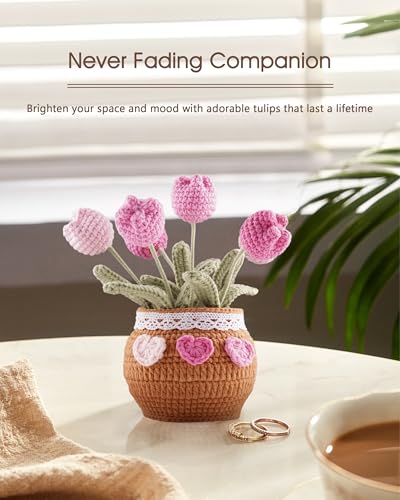 Thank You Gifts for Teachers Crochet Tulips Flower Pot - Handmade Large Crochet Flowers for Women, Graduation End of Year Appreciation Gifts, Positive Tulip Flower Gift for Boss Manager, Pink - color: Pink