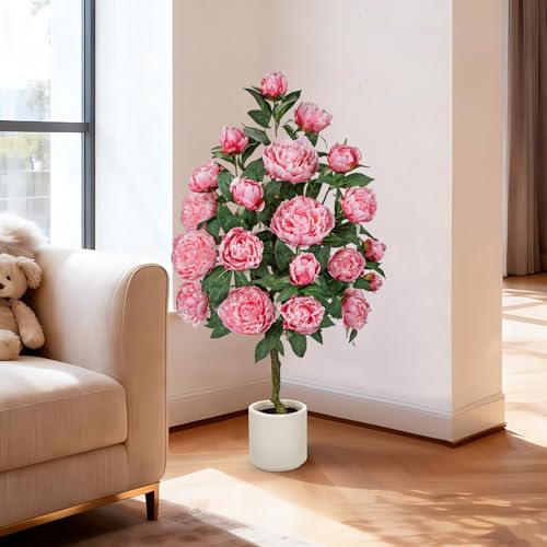 Hollyone Pink Fake Peonies Tree 4FT Peonies Artificial Flowers Tree in Pot Faux Peony Plants & Flowers in Planter Greenery Potted Plant Indoor Outdoor Front Door Porch Home Decor - color: 4ft - Pink