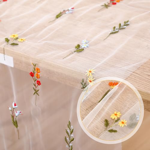 Boao 1 Pc Wildflower Table Runner Embroidery Tulle Spring Summer Table Runner 120 Inch 10 ft Kitchen Dining Decoration for Wedding Baby Shower Bridal Shower Home Decor Birthday Party (Ivory) - color: Ivory, size: Wildflower