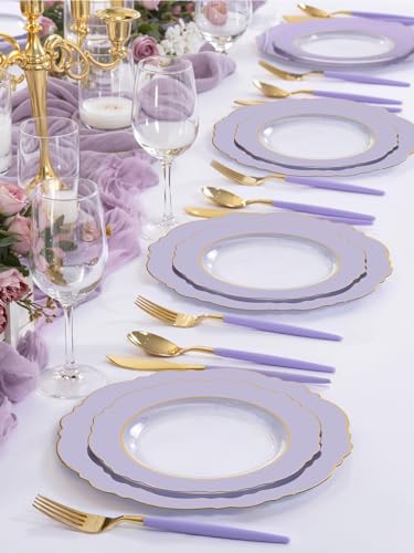 WDF 60pcs Clear Purple Plates Disposable with Gold Rim - Baroque Lavender Purple Plastic Plates for Party/Wedding/Spring/Picnic - color: Purple and Gold, size: 60PCS