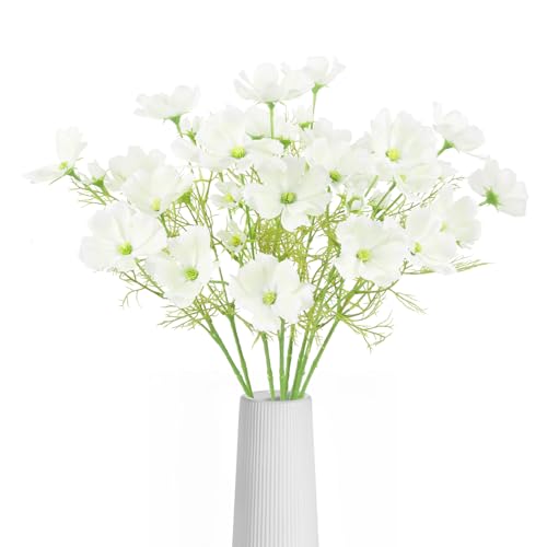 IPOPU White Cosmos Flowers Artificial 40 Heads 8Pcs Daisy Silk Flowers Faux Wildflowers Vase Filler for Living Room Bathroom Kitchen Table Centerpiece Home Decor - color: White)