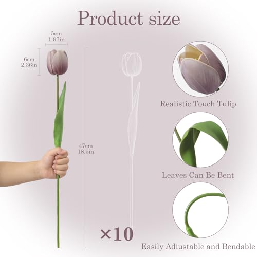 Lavender Mist Fake Tulips,18.5" PU Artificial Tulips Flowers for Spring Easter Home Kitchen Wedding Bouquet Bulk Mother's Gift Day Decorations - color: Lavender Mist