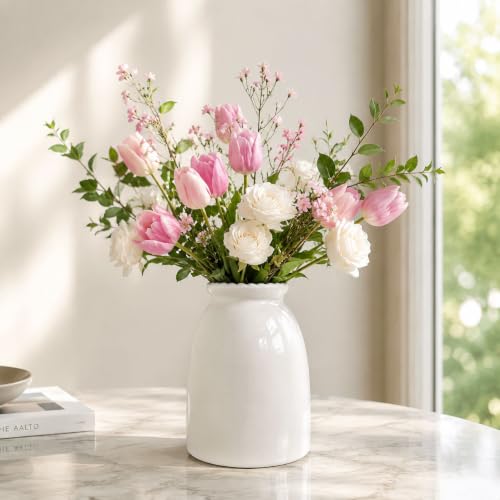 White Ceramic Vase Modern Minimalist Table Centerpiece, Round Smooth Flower Holder for Living Room, Shelf, Mantel, Wedding & Home Decor-8.3" H - color: White-8.5inch