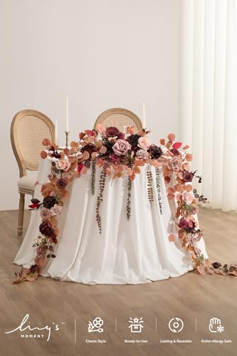 Ling's moment 9FT Eucalyptus and Willow Leaf Garland with White Flower, Handcrafted Wedding Sweetheart Table Centerpieces Head Table Decor Arch Backdrop Decorations for Wedding | Burgundy & Dusty rose - color: Red-burgundy & Peach Rose