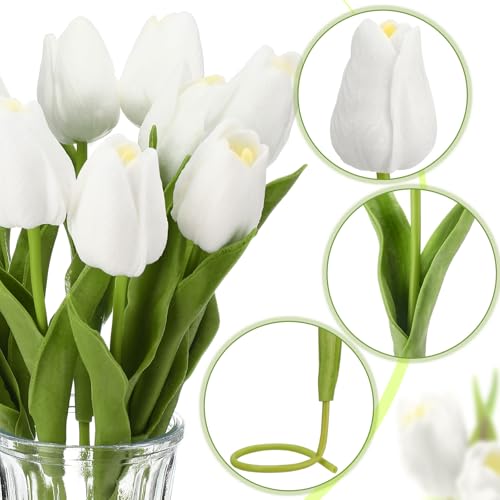 Janinka 75pcs Artificial Tulip Flowers Fake PU Tulips Faux Latex Bouquet Flower Centerpieces Arrangement Floral for Wedding Spring Decorations (1 Head,White) - color: White