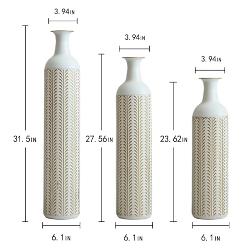 Metal Floor Vases Decorative, Set of 3 Flower Arrangement Stand, Tall Gold＆White Metal Floor Vases for Living Room, Bedroom & Entryway, 33.4", 28.74", 24.1" H (White＆Gold) - color: White＆gold