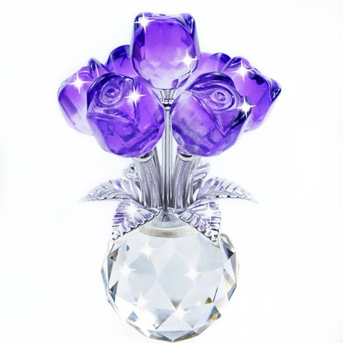 TWINKLING Crystal Roses Figurine with Round Vase, Glass Rose Crystal Flowers Bouquet, Birthday, Anniversary,Wedding, Home Décor,Silver Leaf (Purple) - color: Purple(silver Leaf)