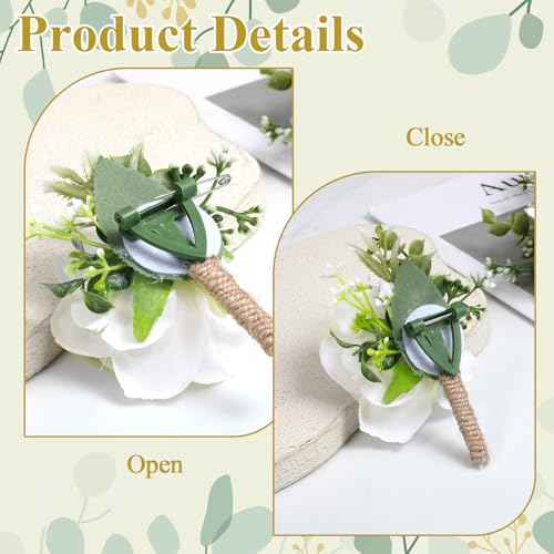10 Pcs White Boutonniere for Men, Artificial Flowers Groom Groomsmen Vintage Wedding Corsage Rose for Wedding, Party, Ceremony Anniversary, Prom