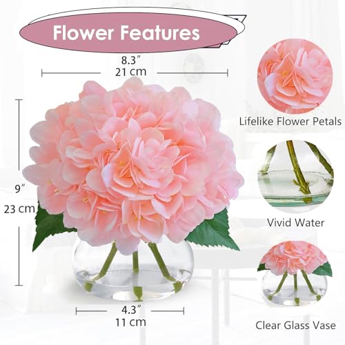 Hydrangea Artificial Flowers in Vase, White Silk Fake Flowers Silk Centerpiece Table Decorations for Dining Room， Coffee Table Decor，Wedding, Home with Faux Water Decor (New Pink) - color: New Pink