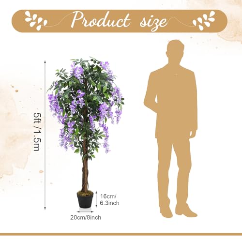 Thiccywoov 1 Pack 5ft Artificial Wisteria Tree Tall Fake Tree with Cement Base Pot Faux Floor Plant Decoration for Indoor Outdoor Home Office Housewarming Gift - color: Natural Green Leaves With Purple Flowers