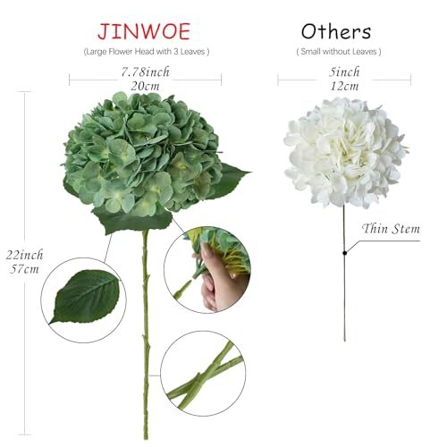JINWOE Dark Forest Green Silk Hydrangea Artificial Flowers, 4Pcs 22Inch Full Fake Artificial Hydrangeas with Stems for Bouquet Table Centerpieces Home Decoration Porch Outdoor - color: Dark Green