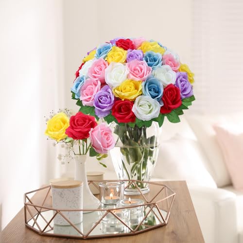 36 Pcs Mixed 6 Color Artificial Roses with Long Stems, Fake Silk Rose Artificial Flowers Bulk for Bridal Wedding Bouquet Centerpiece Ball Arrangement Party Decor - color: Mixed 6 Color
