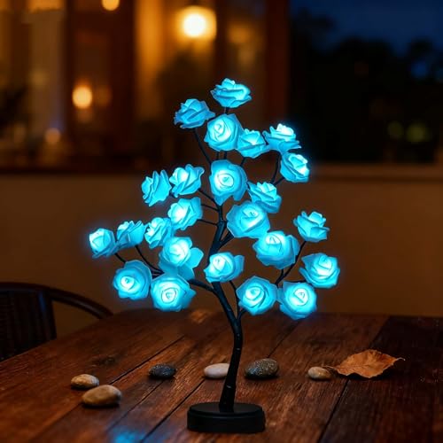 Rose Tree Lamp，Rose Flower Night Light, Led Tabletop Pink Tree Lights, Lower Lamp Girls Gift for Mother’S Day, Lighted Tabletop Tree for Christmas Wedding Decor Valentine’S Day - style: blue Rose