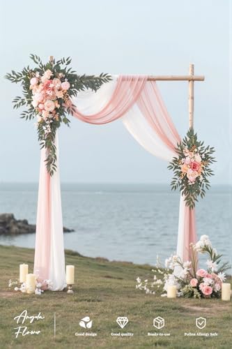 Deluxe Wedding Arch Flowers with Drapes Kit Pack of 4, 2pcs Dusty Pink Sage Hanging Silk Flowers Arrangement 2pcs Chiffon Drapes for Ceremony Arbor Party Outdoor Decor - color: Dusty Pink & Pink