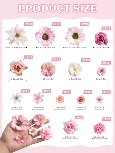 rongflower Mini Artificial Flowers for Crafts, 45 Pcs Pink White Silk Fake Flowers Assorted Faux Roses Peonies Daisies Bulk for Wedding Decor Graduation Cap Cake Topper Home DIY - color: Pink White