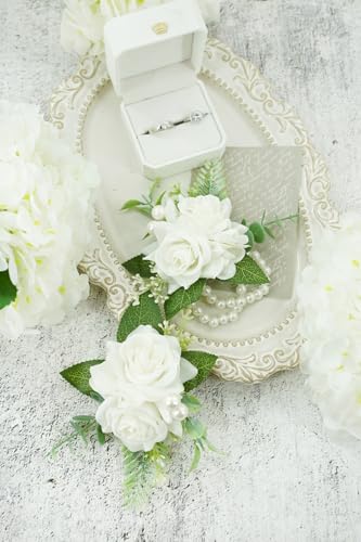 White Corsage and Boutonniere Set for Wedding Prom, Artificial Rose Flower Wrist Bracelets, Homecoming Corsage Wristlet, Boutonniere for Men Wedding Suit Decorations - color: White
