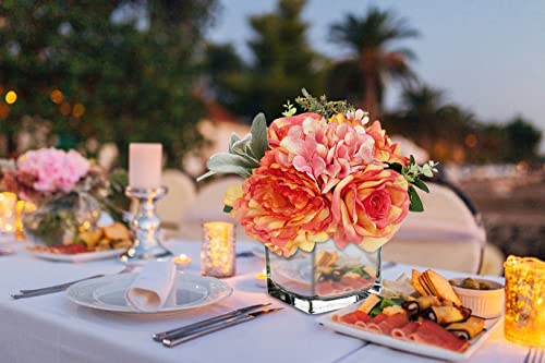GnFlus Artificial Flowers in Vase Fake Silk Hydrangea Rose Flower Arrangement Faux Potted Flowers for Indoor Home Bathroom Office Table Shelf Decor, Orange - color: Orange, size: 3-in-1