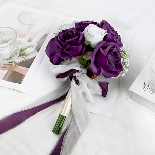 Wedding Bouquet for Bride - Premade Simple Artificial Roses Flowers for Bridal Shower Destination Ceremony Anniversary Decorations - Deep Purple & White - color: Deep Purple & White