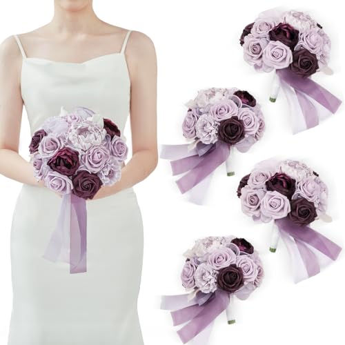 TINGE TIME 7 Inch Artificial Flowers Wedding Bouquets for Bridesmaid, Set of 4, Lavender Bride Tossing Bouquet for Wedding Ceremony Festivals Bridal Shower Rehearsal Dinner Vintage Party - color: Lavender & Plum