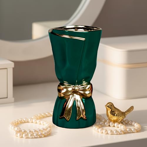 Modrn Ceramic Vase with Bow - 10 inch Green Vases Home Decor, Glazed Centerpiece Vase for Kitchen and Coffee Table, Shelf, Fireplace, Outdoor Table Decor - color: Dark Green, size: 10 inch
