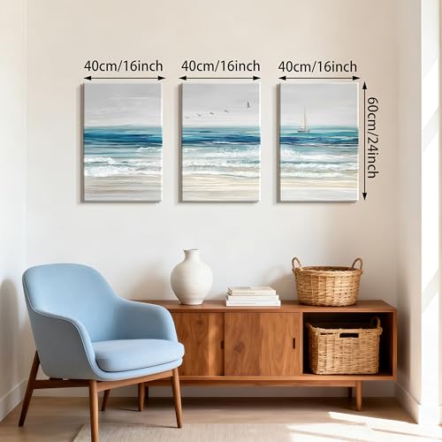 WENGTIAO Abstract Ocean Wall Art Set of 3 Blue Beach Canvas Paintings Minimalist Coastal Prints Pictures Sail Boat Home Decor Seascape Artwork for Living Room Bedroom Hallway 16”x24”x3Pcs - color: Abstract Blue Ocean, size: 16"x24"x3Pcs