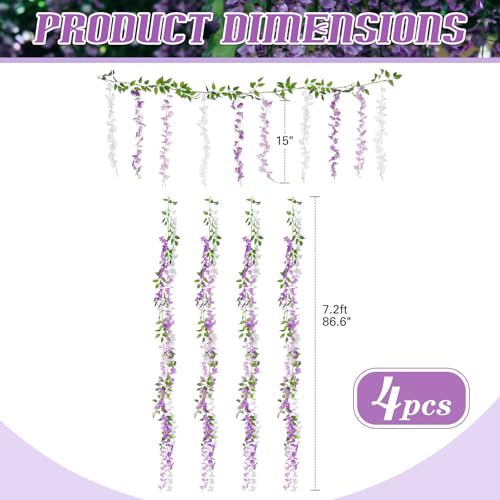 Thiccywoov 4pcs Wisteria Artificial Flowers Garland, 7.2Ft/Piece Wisteria Hanging Flowers Garland for Wedding Arch Decoration Outdoor Ceremony Home Backdrop Garden (Light Purple,Dark Purple,White) - color: Light Purple, Dark Purple, White