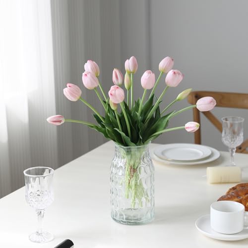 15 Pcs Light Pink Artificial Tulips Fake Flowers, Premium Latex Lifelike Texture, UV Resistant Waterproof Faux Tulip Bouquets with Snap-on Petals for Outdoor, Home, Wedding Decor - color: Light Pink