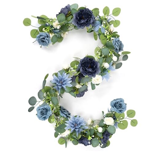 Eucalyptus Garland with Flowers - 1 Pack 5.9 FT Fake Flower Garland with Butterflies Faux Rose Greenery Garlands for Wedding Table Backdrop Arch Centerpieces Decorations - Navy Blue - color: Navy Blue, size: 1 Pack