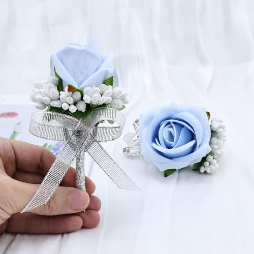 2Pcs Light Blue Rose Corsage and Boutonniere Set, Artificial Wrist Corsage Wristlet Bracelets, Men Boutonniere for Wedding Party Homecoming Formal Dinner Flowers Accessories Prom Suit Decor - color: Light Blue