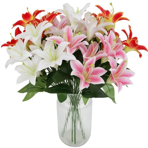 ZeKonan 10 Pcs Artificial Lily Flowers Faux Fake Silk Lilies Bouquets | Home Kitchen Wedding Party Decor, Table Centerpieces Decoration, Flower Arrangement Decor, 3 Colors Mixed, 14in - color: 10 Pcs-a Mix