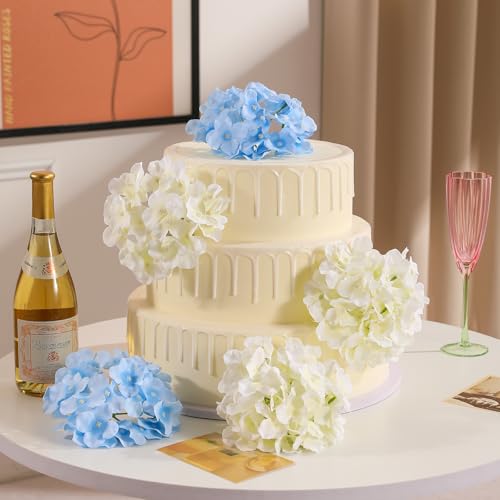 Tifuly 24 Pcs Blue and White Hydrangea Artificial Flowers Bulk, Faux Hydrangea Full Flowers Heads with Stems, Fake Silk Flowers for Wedding, Garden, Home, Party Decoration - color: Blue White