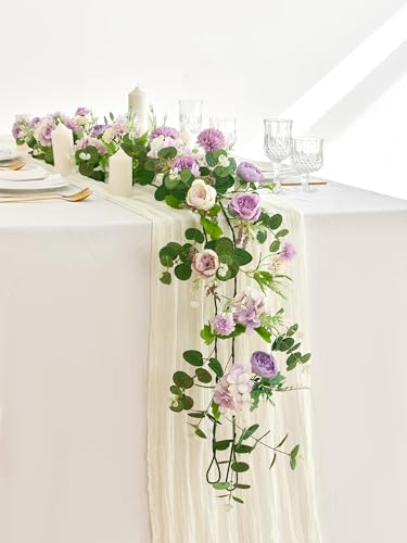 MISSPIN 5.9Ft Eucalyptus Garland with Flowers, Artificial Fake Flower Greenery Spring Garland for Baby Shower Wedding Mantle Table Centerpiece Spring Decor - color: Purple